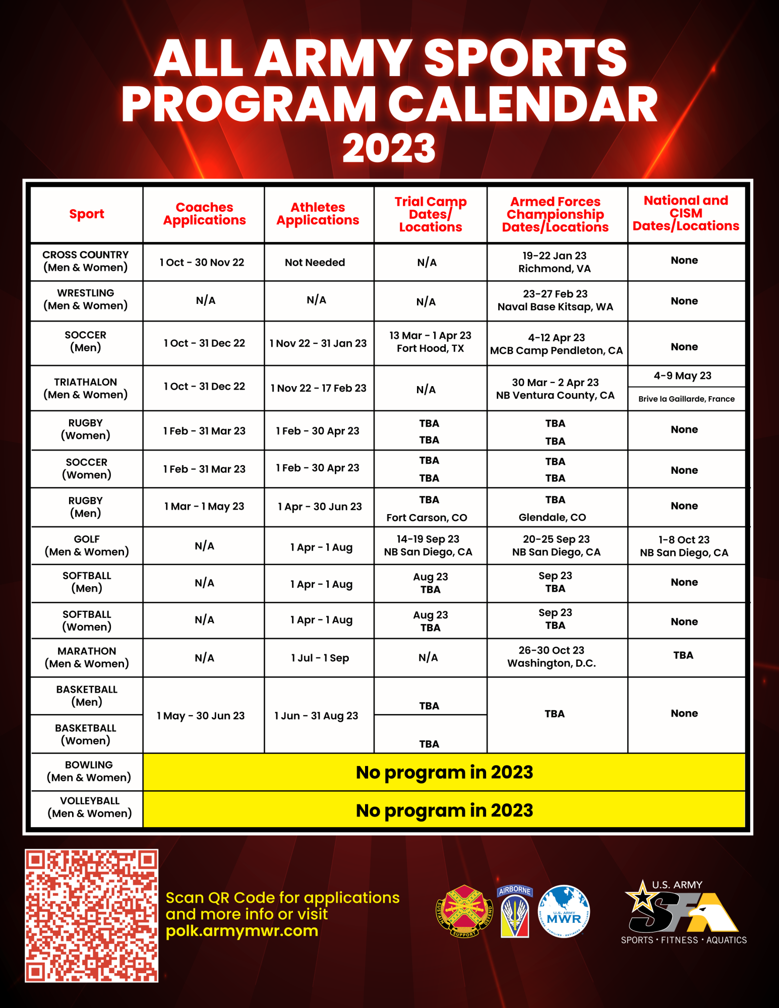 2023 All Army Sports Program Calendar Ft. Polk US Army MWR
